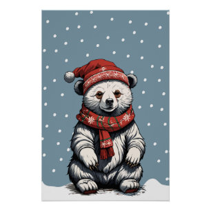 Póster Payaso de oso con Beanie y bufanda en caída de nie