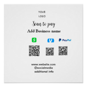 Póster Paypal Cashapp venmo escanear para pagar QR agrega