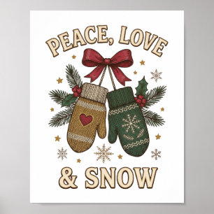 Póster Paz Amor Y Nieve Mitones De Invierno Téjidos Con