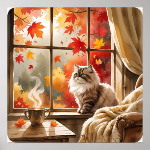 Póster Paz de otoño - Gato en una manta cálida viendo cae