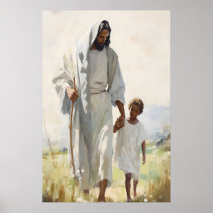 Póster Paz en Cristo Jesús y Niño Negro Cristiano