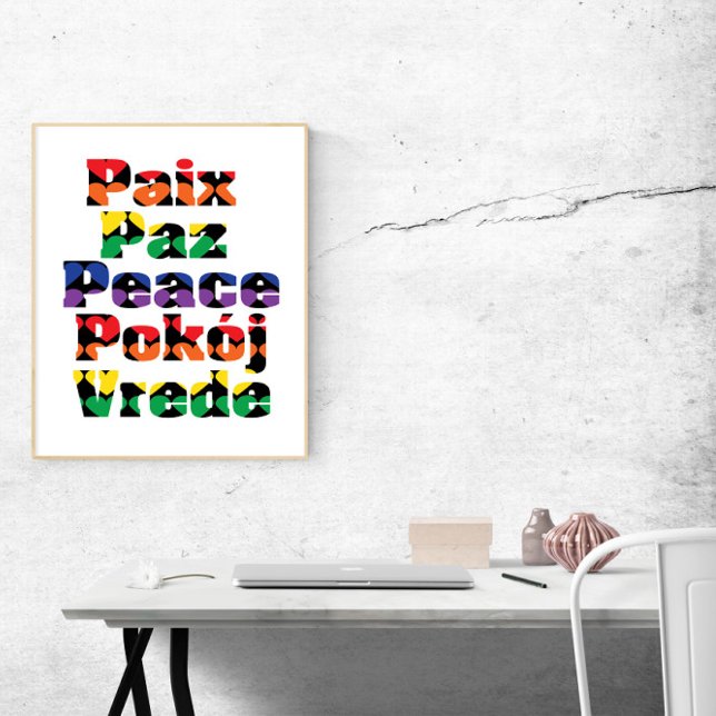 Póster Paz en muchos idiomas Corazón arcoiris (A poster that says peace in many languages)