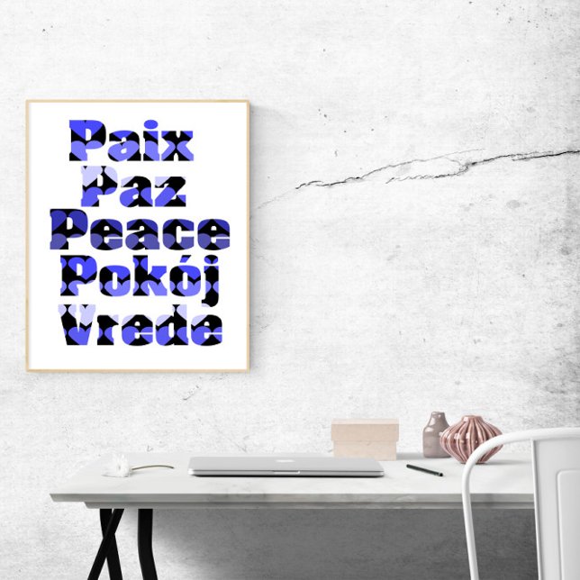 Póster Paz en muchos idiomas Corazones azules (A poster that says peace with blue hearts in a variety of languages)