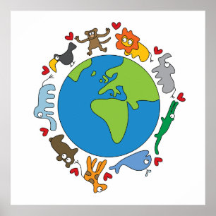 Póster Paz y Amor Animales de Dibujos Animados Lindos del