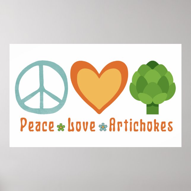 Póster Peace Love Artichokes Vegan Veggie Hippie Foodie (Frente)