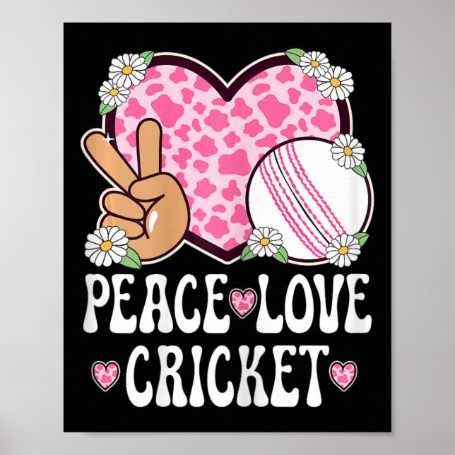 Póster Peace Love Cricket Lover Cow Print Women Girls Cut (Frente)