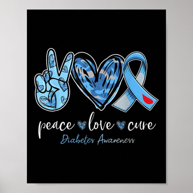 Póster Peace Love Cure Blue Ribbon Diabetes Awareness Mon (Frente)