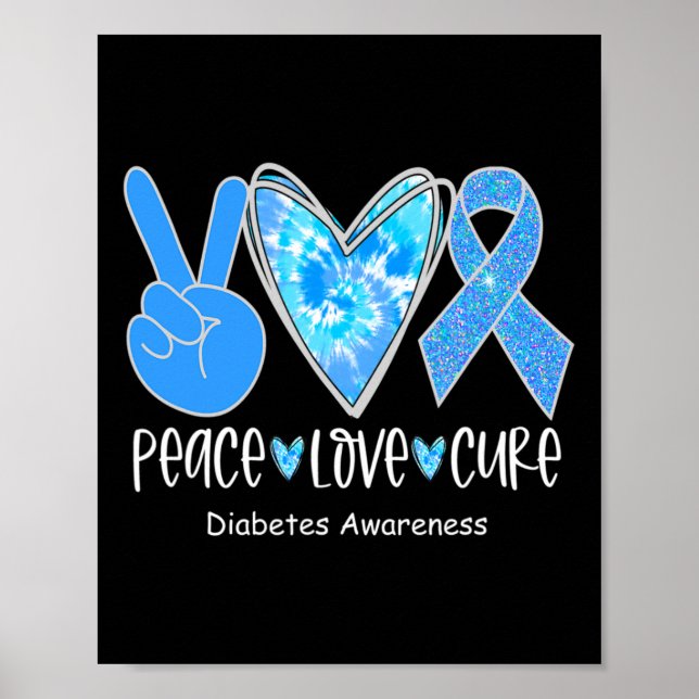 Póster Peace Love Cure T1d Diabetes Awareness Blue Ribbon (Frente)