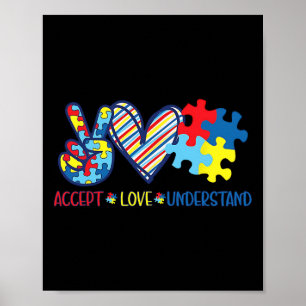Póster Peace Love Ribbon Autism Awareness Accept Love Und