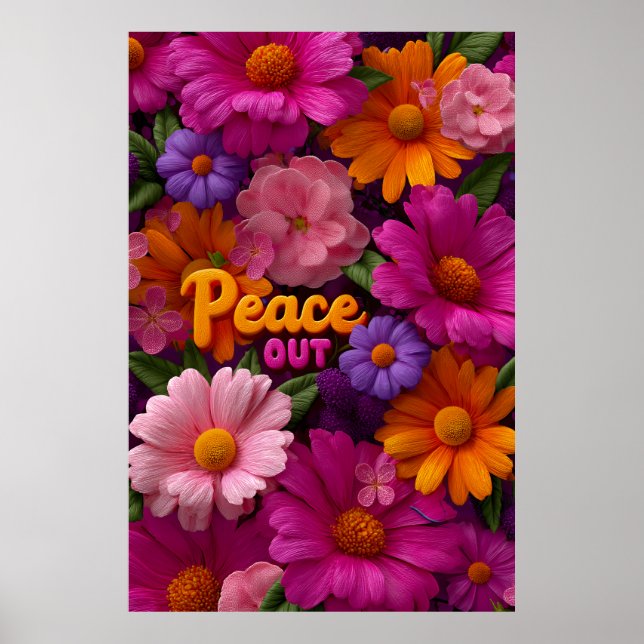 Póster Peace Out Hippie Floral Neon Peace Sign Pattern (Frente)
