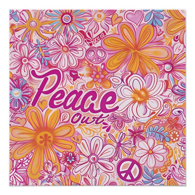 Póster Peace Out Hippie Floral Peace Sign Retro Pattern (Anverso)