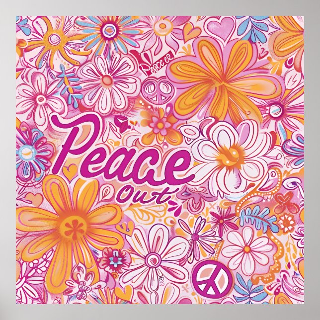 Póster Peace Out Hippie Floral Peace Sign Retro Pattern (Frente)
