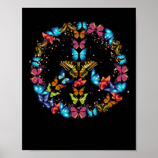 Póster Peace Sign Butterflies 60s Retro World 70s Hippie (Frente)