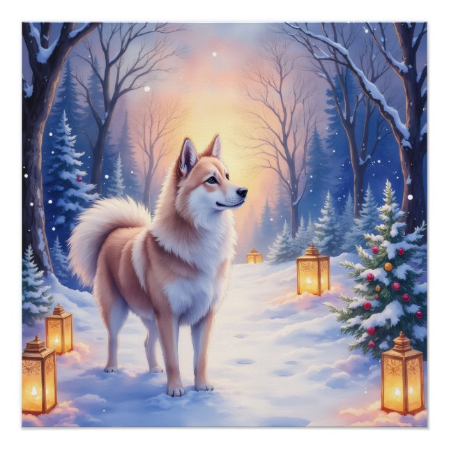 Póster Peaceful Akita on Snow Lantern Path Christmas Dog  (Anverso)