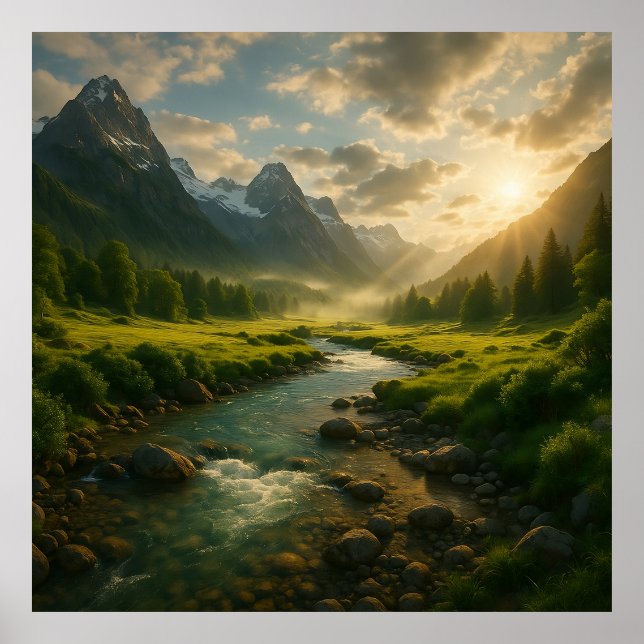 Póster Peaceful Mountain River Landscape Nature Poster Wa (Frente)
