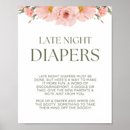 Póster Peach Floral Baby Shower Late Night Diapers Poster