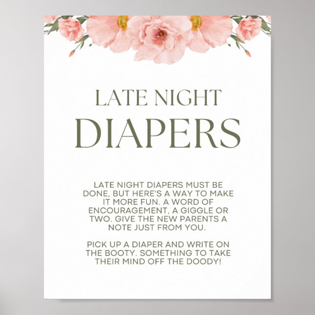 Póster Peach Floral Baby Shower Late Night Diapers Poster (Frente)