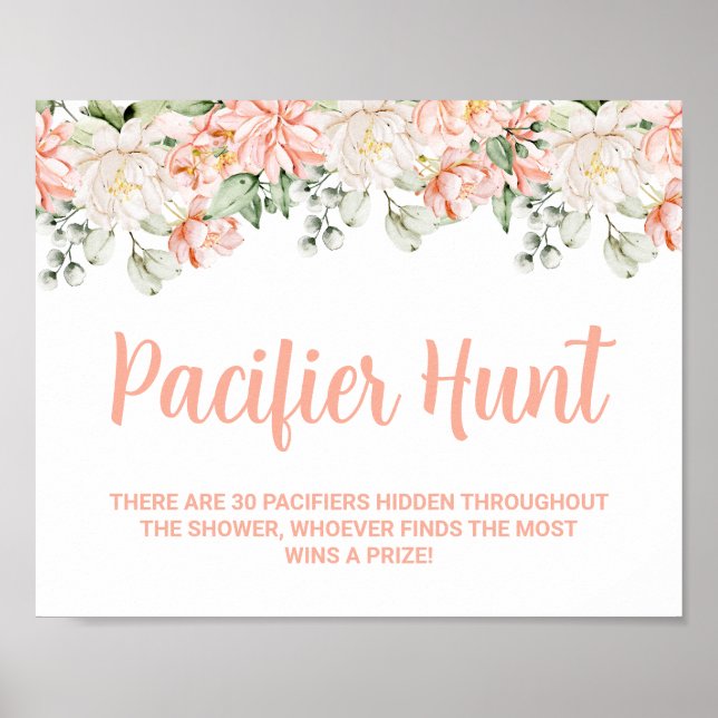 Póster Peach Floral Pacifier Hunt Baby Shower Game Rótulo (Frente)