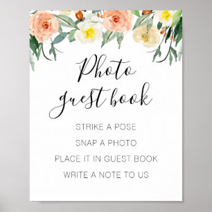 Póster Peach Floral Photo Guest Libro Rótulo Boda
