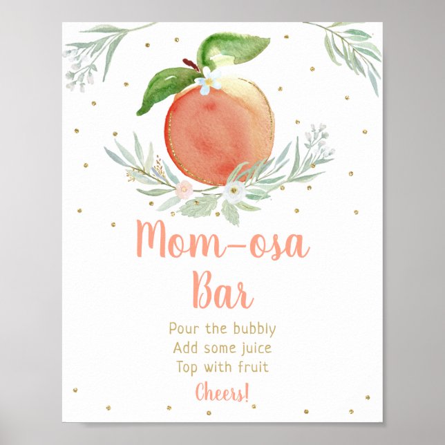 Póster Peach Gold Floral Baby Shower Mimosa Bar Rótulo (Frente)