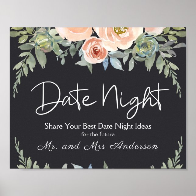 Póster Peach Green Navy Pastel Floral Date Night Rótulo (Frente)