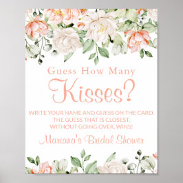 Póster Peach Ivory Floral Kiss Bridal Shower Game Rótulo