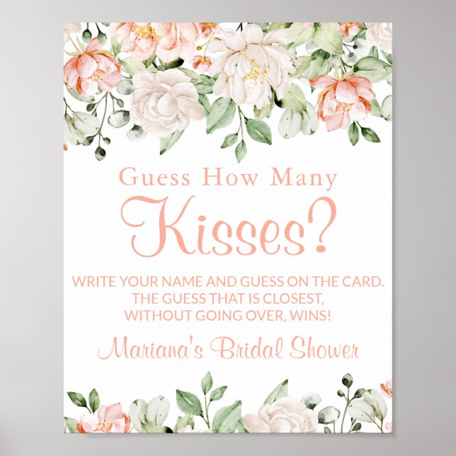 Póster Peach Ivory Floral Kiss Bridal Shower Game Rótulo