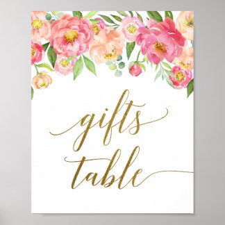 Póster Peach & Pink Peony Flower Gifts Table Rótulo