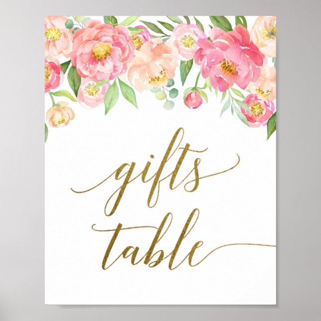 Póster Peach & Pink Peony Flower Gifts Table Rótulo (Frente)