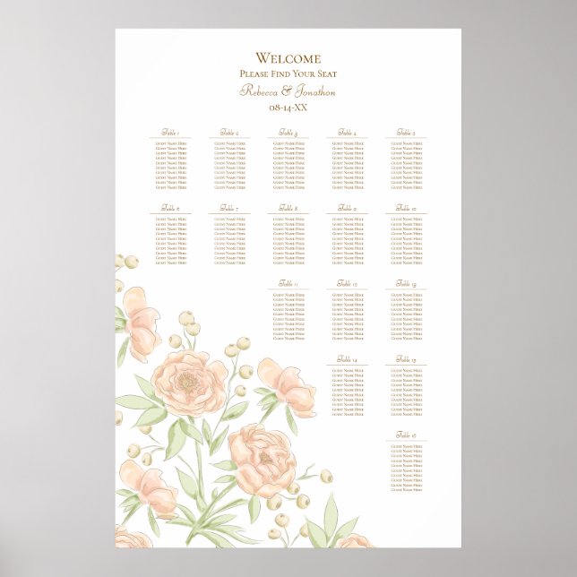 Póster Peach Rose Wedding Seating Chart (Frente)