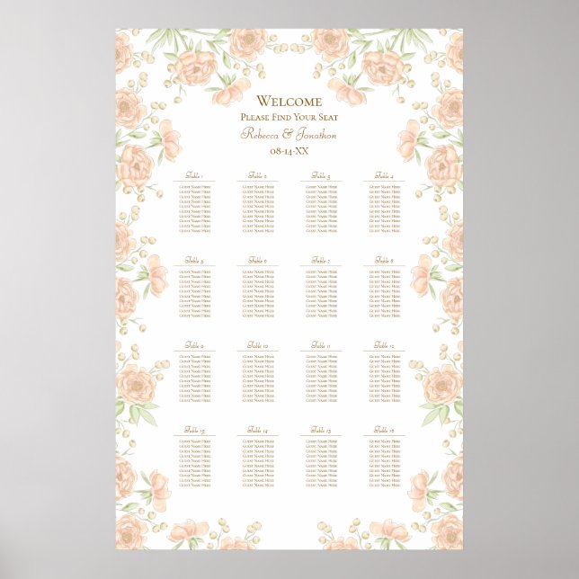 Póster Peach Rose Wedding Seating Chart (Frente)