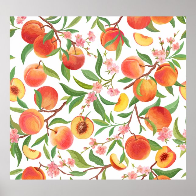 Póster Peach Tropical Fruit Vintage Pattern. (Frente)