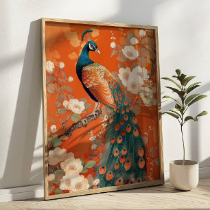 Póster Peacock Art Nouveau sobre floral Naranja