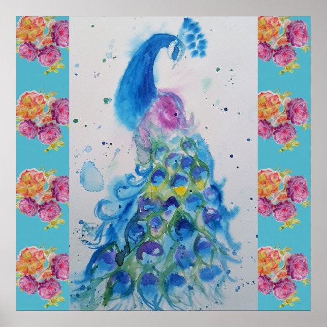 Póster Peacock Blue Bird Watercolor Aqua Rose Poster (Frente)