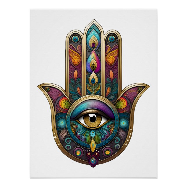 Póster Peacock Colors Hamsa w/ Gold Third Eye (Anverso)