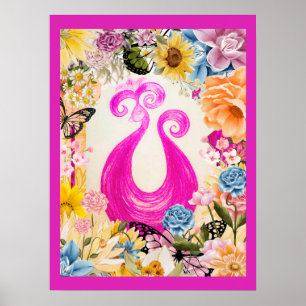 Póster Peacock de ciruelas rosadas con flores de colores