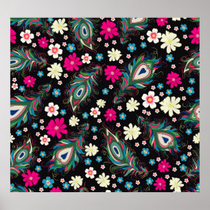 Póster Peacock Feathers Embroidery Patrón de Seamless