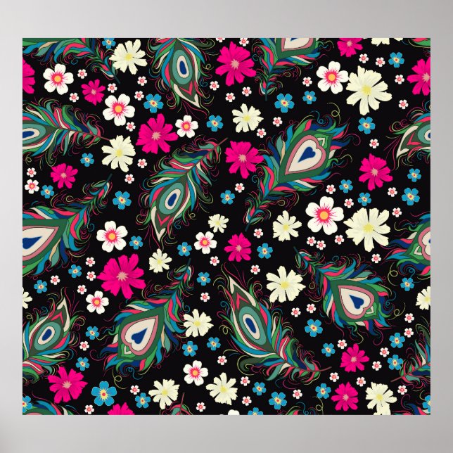 Póster Peacock Feathers Embroidery Patrón de Seamless (Frente)