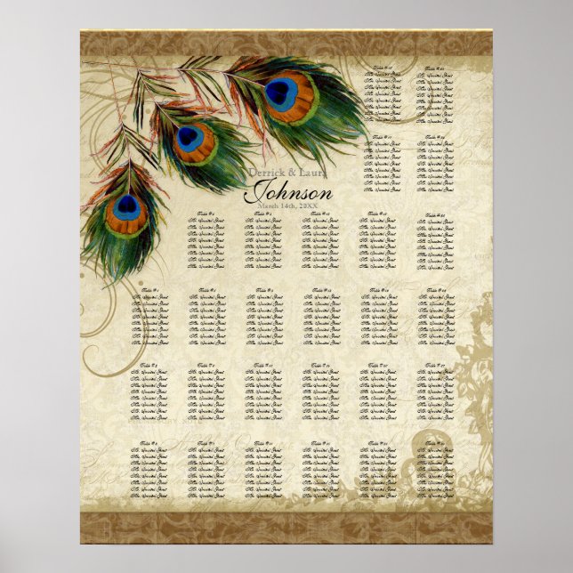 Póster Peacock & Feathers Vintage Gold Look Damask Swirl (Frente)