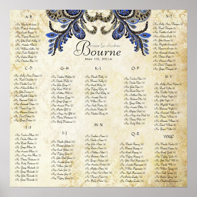 Póster Peacock naval - 100 a 150 invitados - alfabético (Frente)