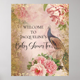 Póster Peacock Peony Floral Blush Pink Gold Decoupage Tis