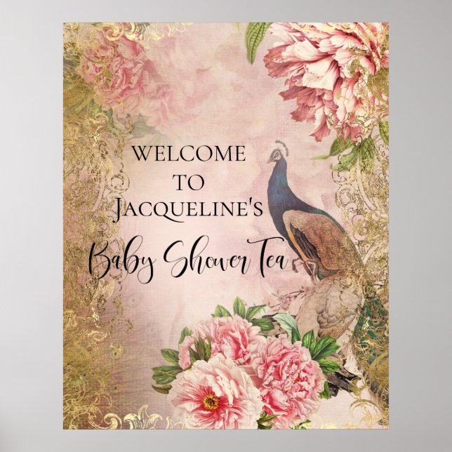 Póster Peacock Peony Floral Blush Pink Gold Decoupage Tis (Frente)