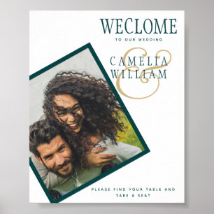 Póster Peacock TEAL Green Gold Wedding PHOTO Welcome SIGN