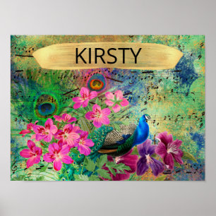 Póster Peacock y Flores Ilustrados Antiguos Grunge