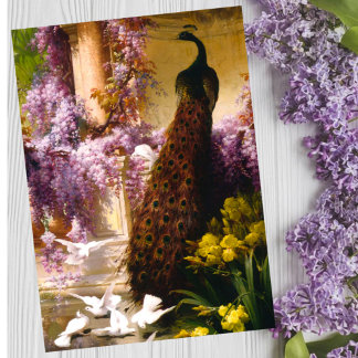 Póster Peacock y palomas en el jardín