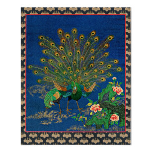 Póster Peacock y Peahen, ilustracion japonés,