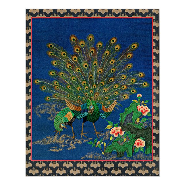 Póster Peacock y Peahen, ilustracion japonés, (Anverso)