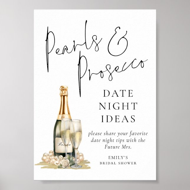 Póster Pearls Prosecco Bridal Shower Date Ideas nocturnas (Frente)