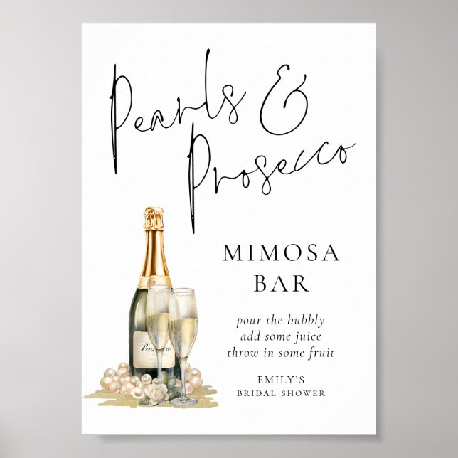 Póster Pearls Prosecco Bridal Shower Mimosa Bar Rótulo (Frente)
