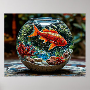 Póster Pecera con un pez rojo